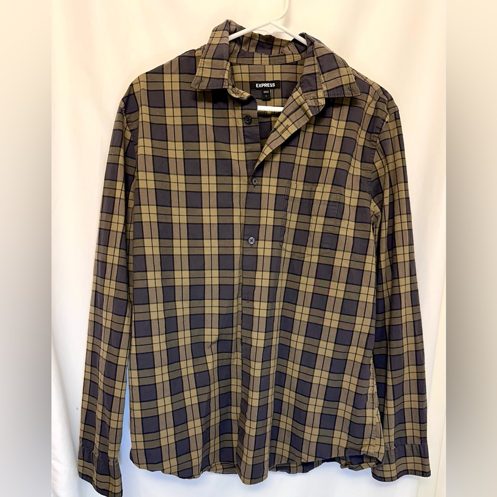 Express Men's Casual Plaid Shirt brown and tan size L